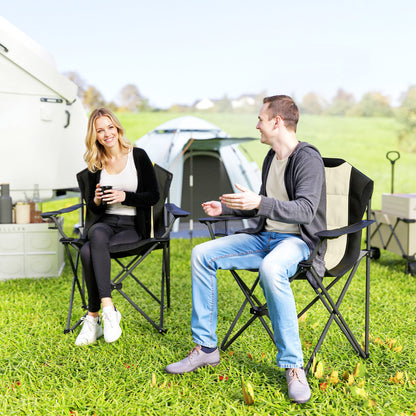 Set of 2 High Back Folding Camping Chairs with Portable Armrests, Cup Holders, and Carry Bags for Camping, Garden, Terrace Cream and Black