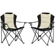 Set of 2 High Back Folding Camping Chairs with Portable Armrests, Cup Holders, and Carry Bags for Camping, Garden, Terrace Cream and Black