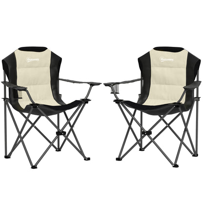 Set of 2 High Back Folding Camping Chairs with Portable Armrests, Cup Holders, and Carry Bags for Camping, Garden, Terrace Cream and Black