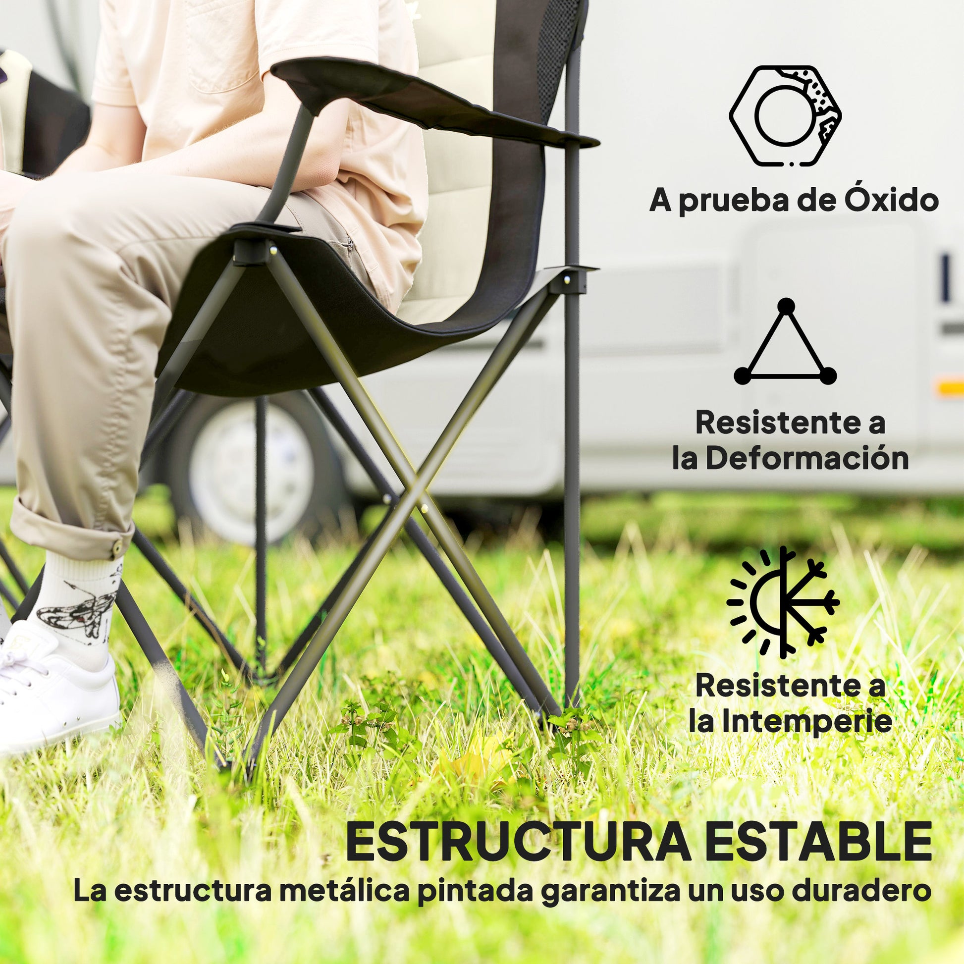 Set of 2 High Back Folding Camping Chairs with Portable Armrests, Cup Holders, and Carry Bags for Camping, Garden, Terrace Cream and Black