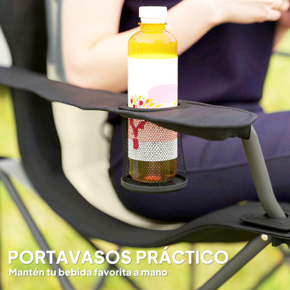 Set of 2 High Back Folding Camping Chairs with Portable Armrests, Cup Holders, and Carry Bags for Camping, Garden, Terrace Cream and Black