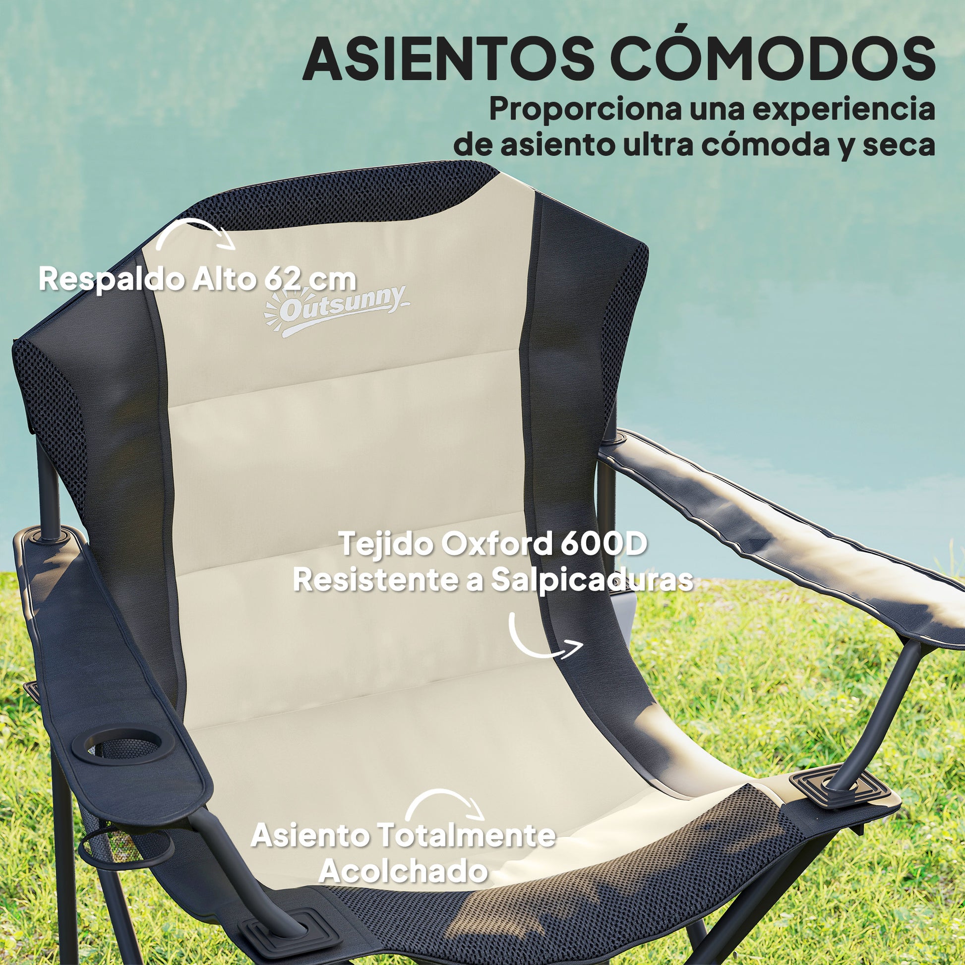 Set of 2 High Back Folding Camping Chairs with Portable Armrests, Cup Holders, and Carry Bags for Camping, Garden, Terrace Cream and Black
