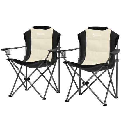 Set of 2 High Back Folding Camping Chairs with Portable Armrests, Cup Holders, and Carry Bags for Camping, Garden, Terrace Cream and Black