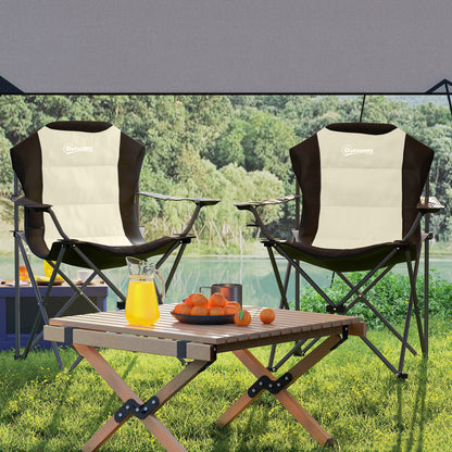 Set of 2 High Back Folding Camping Chairs with Portable Armrests, Cup Holders, and Carry Bags for Camping, Garden, Terrace Cream and Black