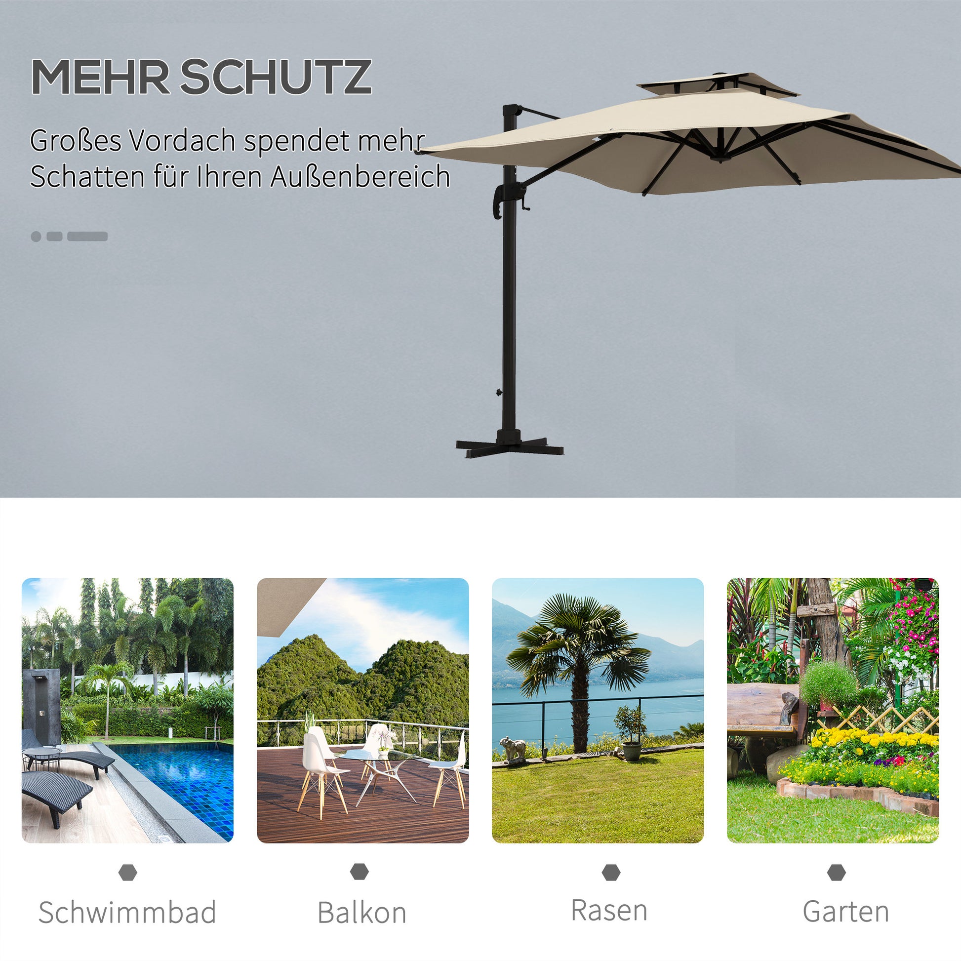 Sunshade approx. 3 x 3 m 360-degree swivel cantilever umbrella garden umbrella with hand crank patio umbrella for balcony Alu Khaki