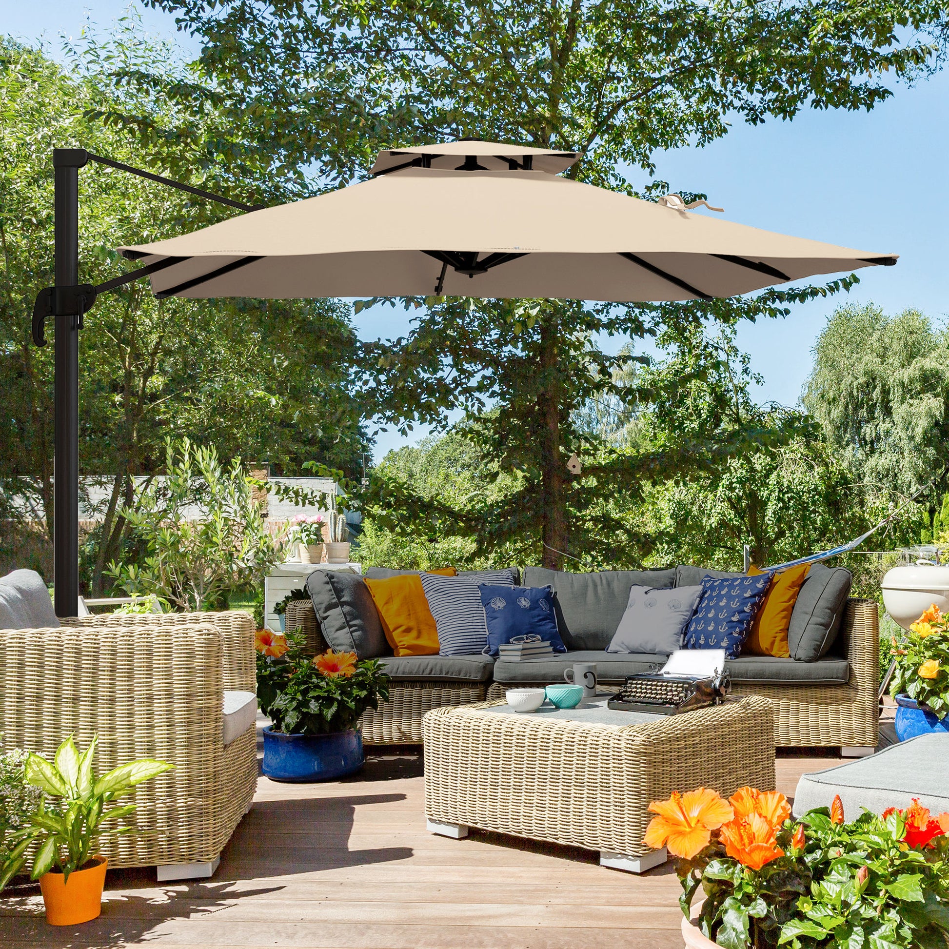 Sunshade approx. 3 x 3 m 360-degree swivel cantilever umbrella garden umbrella with hand crank patio umbrella for balcony Alu Khaki