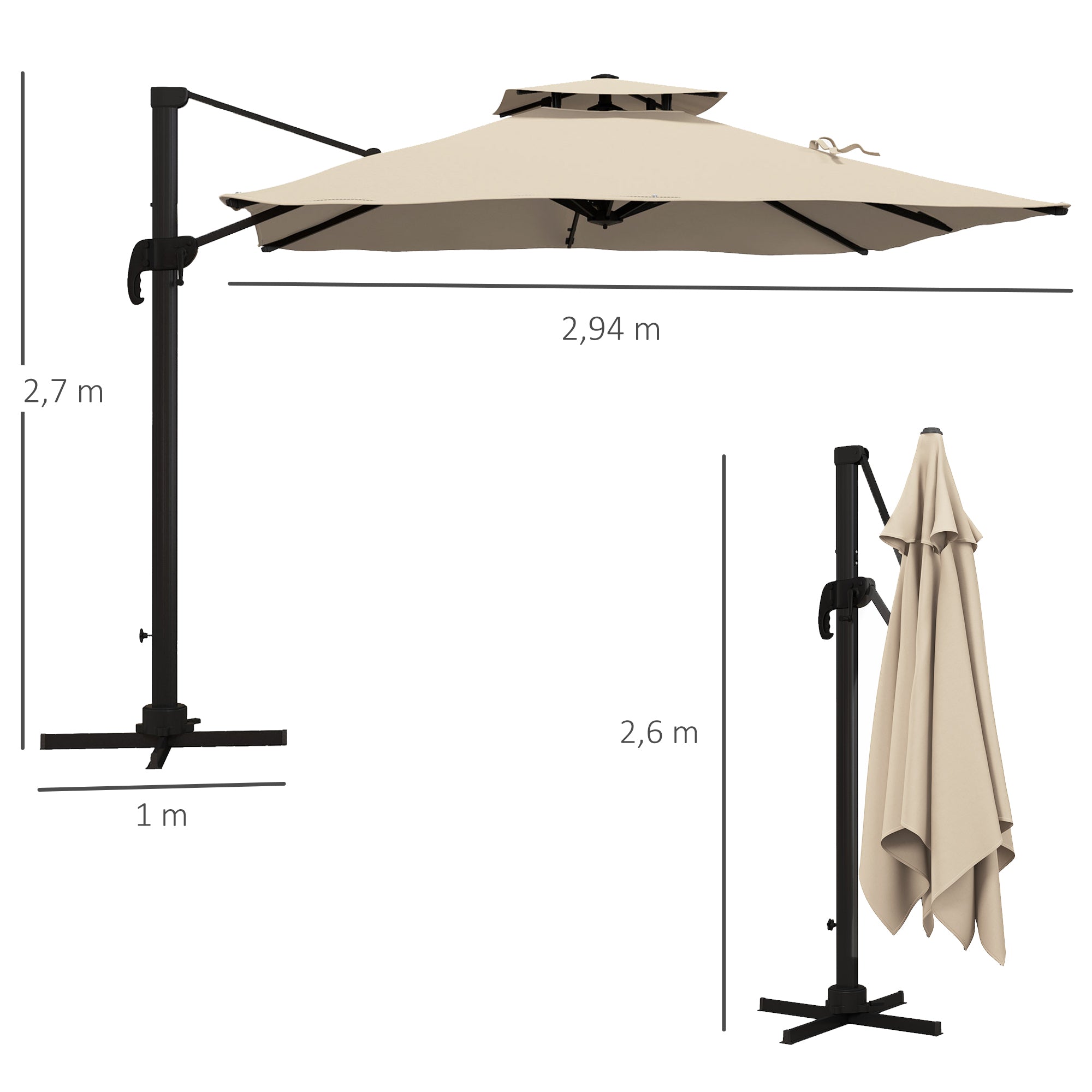 Sunshade approx. 3 x 3 m 360-degree swivel cantilever umbrella garden umbrella with hand crank patio umbrella for balcony Alu Khaki