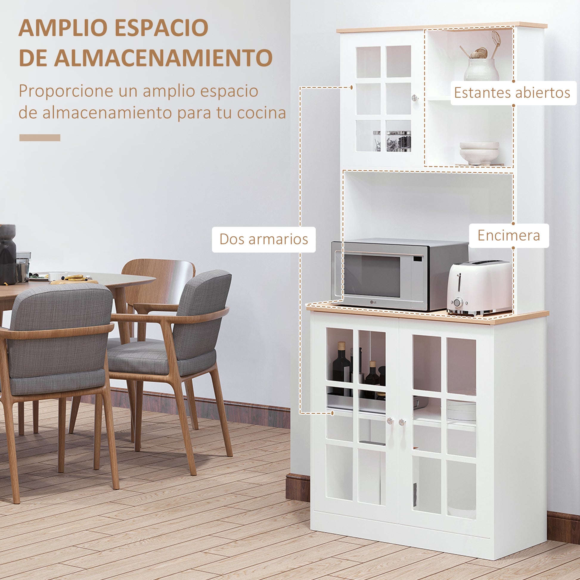 Kitchen Pantry Cabinet Storage Cabinet with Shelves and Glass Doors for Small Appliances and Tableware Sideboard for Dining Room Living Room 80x37x183 cm White