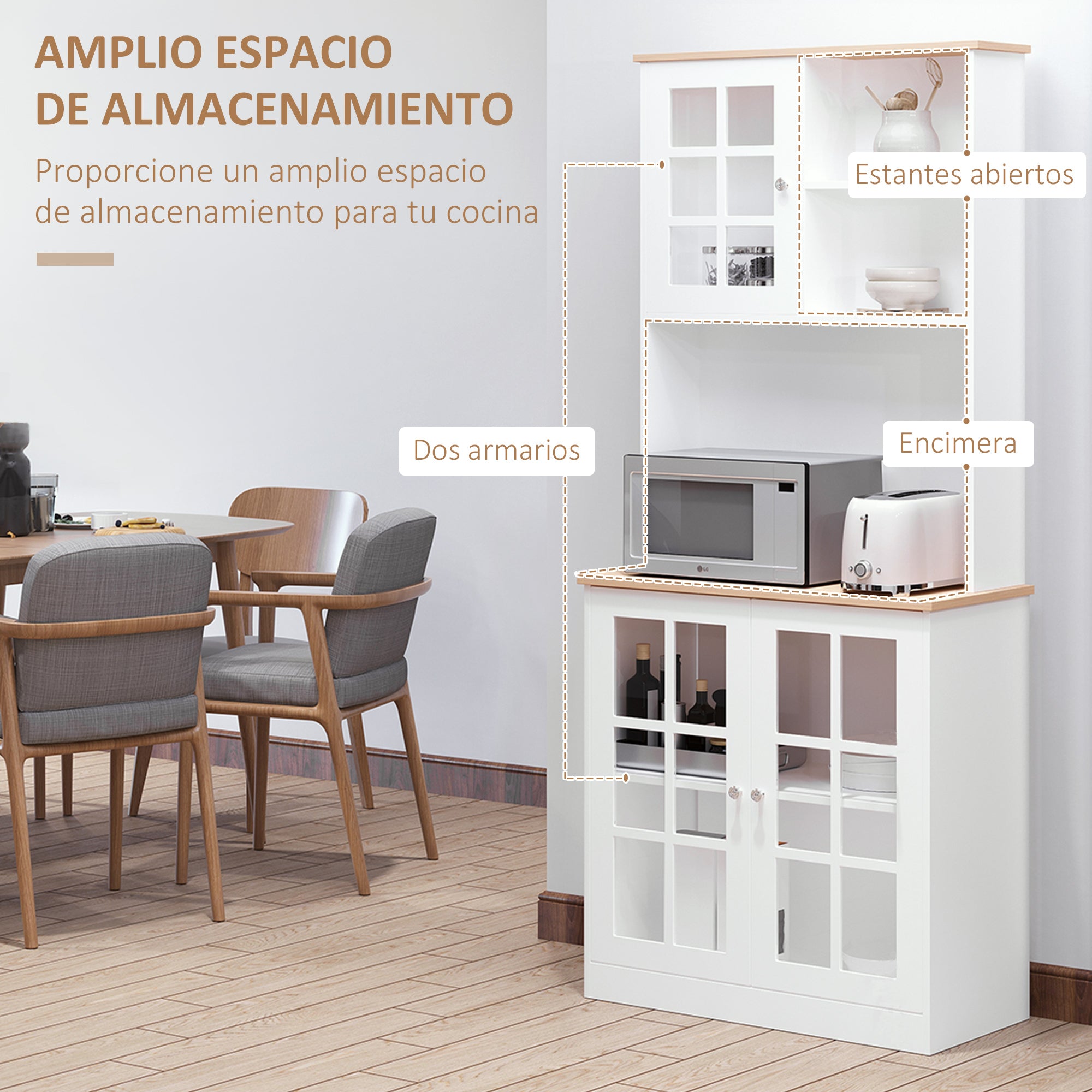 Kitchen Pantry Cabinet Storage Cabinet with Shelves and Glass Doors for Small Appliances and Tableware Sideboard for Dining Room Living Room 80x37x183 cm White