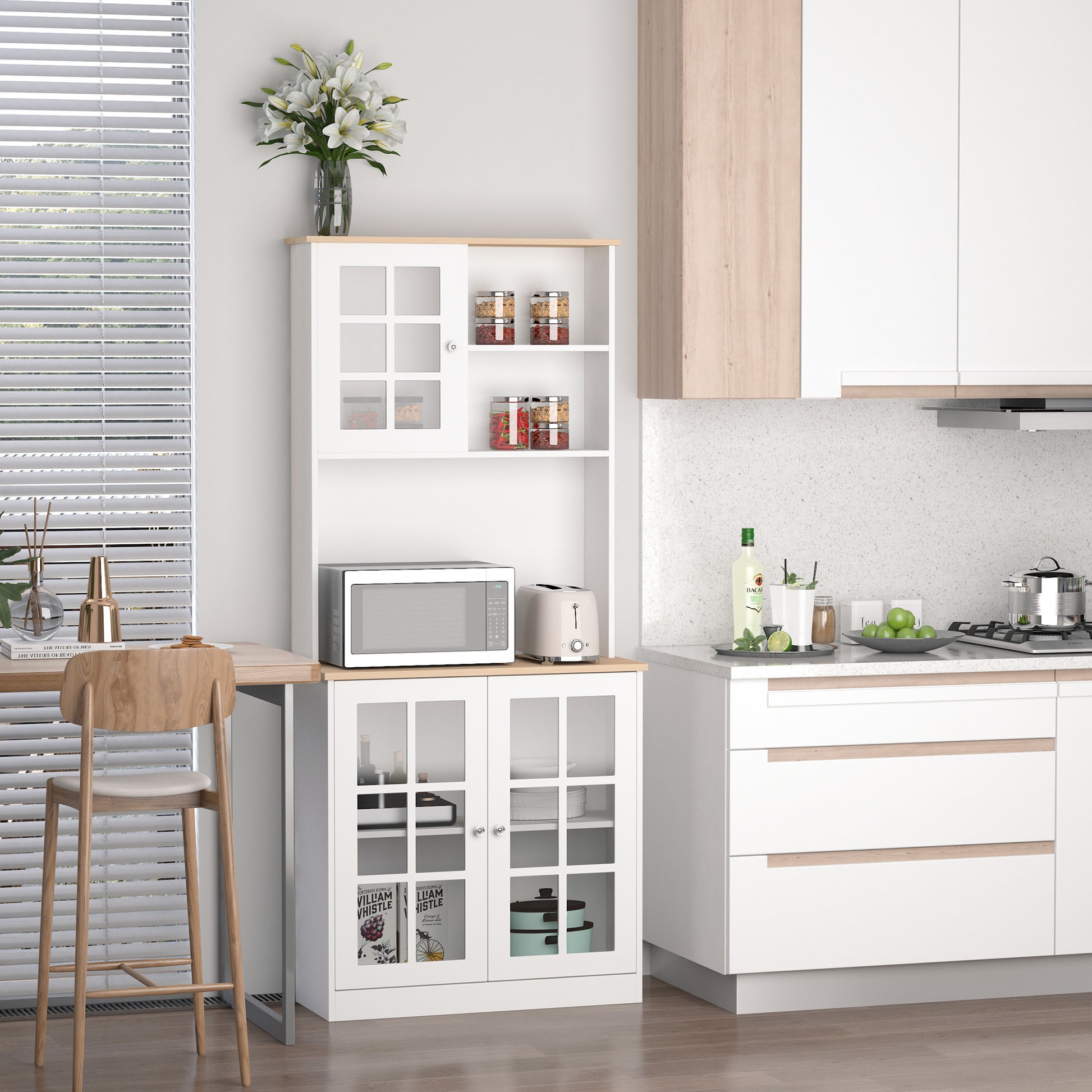 Kitchen Pantry Cabinet Storage Cabinet with Shelves and Glass Doors for Small Appliances and Tableware Sideboard for Dining Room Living Room 80x37x183 cm White