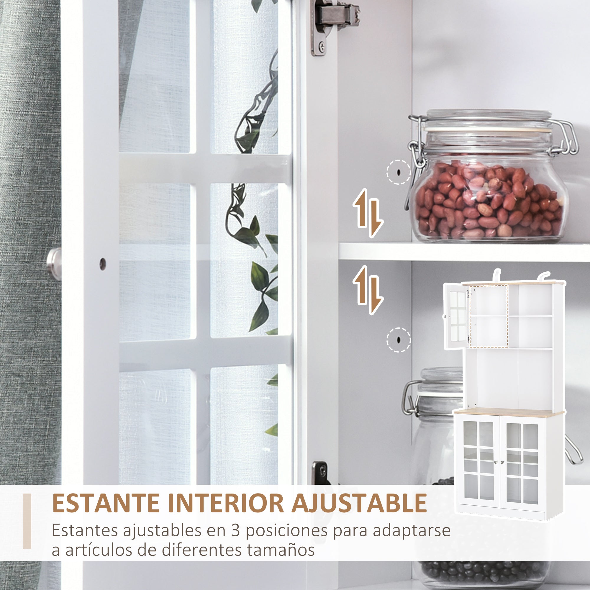 Kitchen Pantry Cabinet Storage Cabinet with Shelves and Glass Doors for Small Appliances and Tableware Sideboard for Dining Room Living Room 80x37x183 cm White