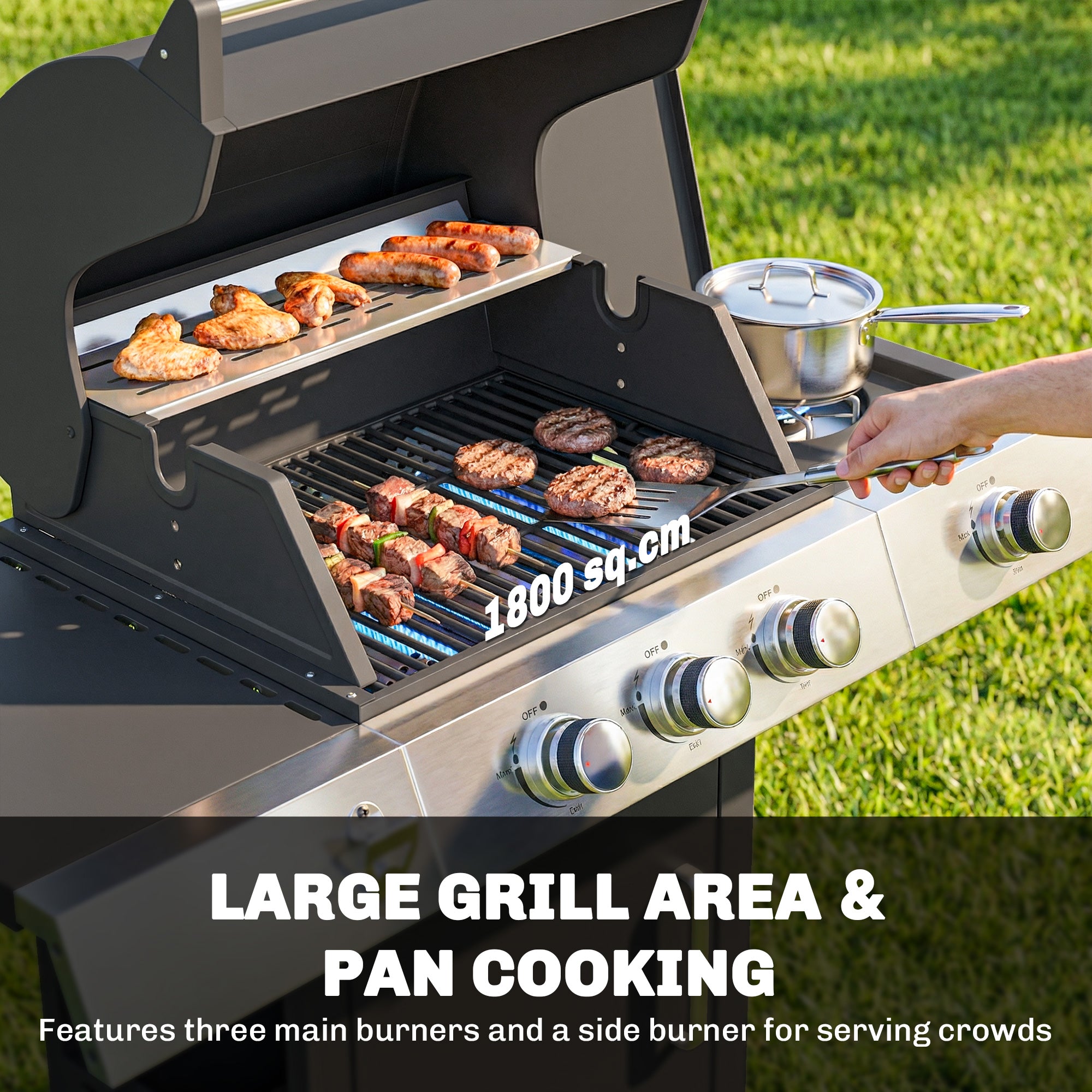 10.5 kW 3+1-Burner Propane Gas Grill Cart, Stainless Steel — Side Burner, Bottle Opener, Thermometer, Cast-Iron Grates, Warming Rack, Wheels, Side Shelves & Cabinet — Ideal for Balcony & Parties