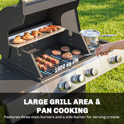 10.5 kW 3+1-Burner Propane Gas Grill Cart, Stainless Steel — Side Burner, Bottle Opener, Thermometer, Cast-Iron Grates, Warming Rack, Wheels, Side Shelves & Cabinet — Ideal for Balcony & Parties