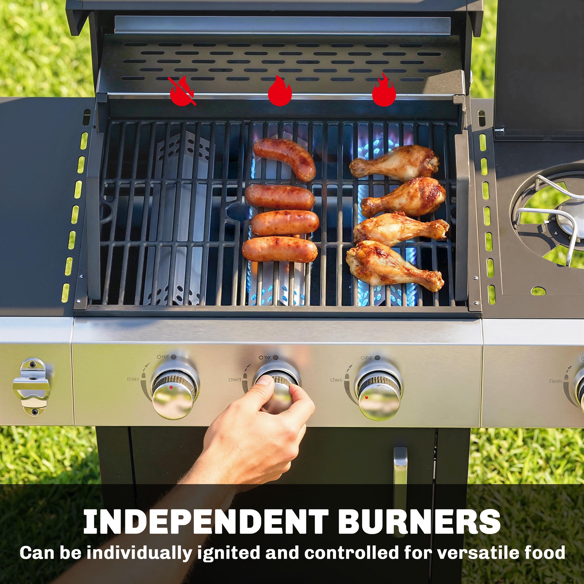 10.5 kW 3+1-Burner Propane Gas Grill Cart, Stainless Steel — Side Burner, Bottle Opener, Thermometer, Cast-Iron Grates, Warming Rack, Wheels, Side Shelves & Cabinet — Ideal for Balcony & Parties