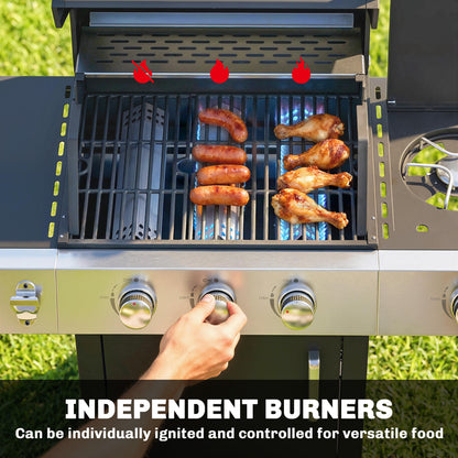 10.5 kW 3+1-Burner Propane Gas Grill Cart, Stainless Steel — Side Burner, Bottle Opener, Thermometer, Cast-Iron Grates, Warming Rack, Wheels, Side Shelves & Cabinet — Ideal for Balcony & Parties