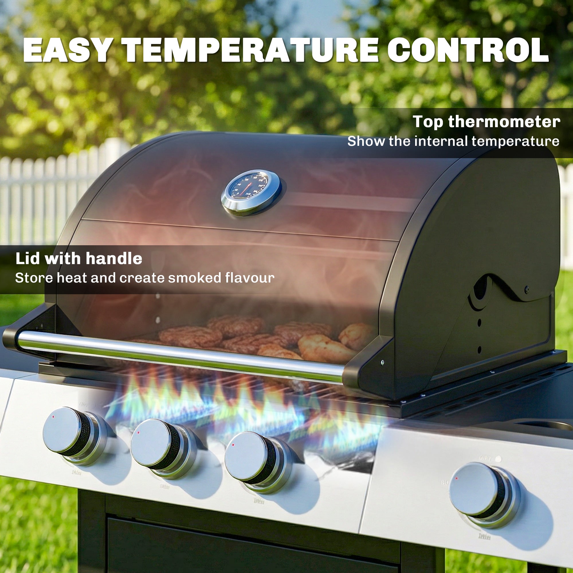 10.5 kW 3+1-Burner Propane Gas Grill Cart, Stainless Steel — Side Burner, Bottle Opener, Thermometer, Cast-Iron Grates, Warming Rack, Wheels, Side Shelves & Cabinet — Ideal for Balcony & Parties