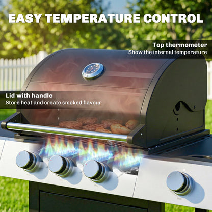 10.5 kW 3+1-Burner Propane Gas Grill Cart, Stainless Steel — Side Burner, Bottle Opener, Thermometer, Cast-Iron Grates, Warming Rack, Wheels, Side Shelves & Cabinet — Ideal for Balcony & Parties