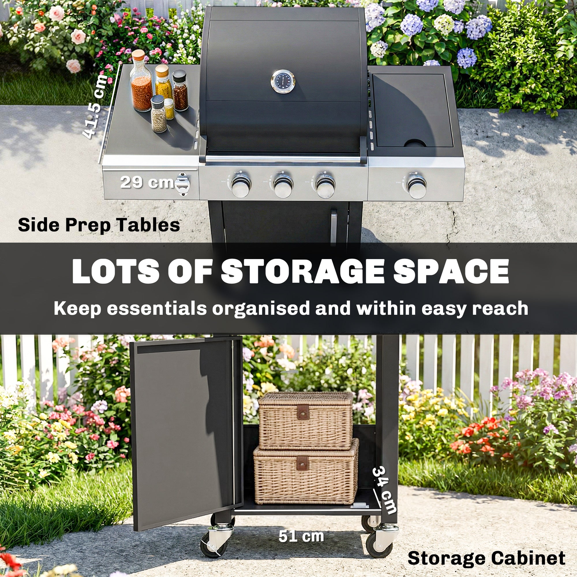 10.5 kW 3+1-Burner Propane Gas Grill Cart, Stainless Steel — Side Burner, Bottle Opener, Thermometer, Cast-Iron Grates, Warming Rack, Wheels, Side Shelves & Cabinet — Ideal for Balcony & Parties