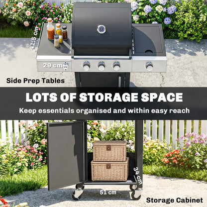 10.5 kW 3+1-Burner Propane Gas Grill Cart, Stainless Steel — Side Burner, Bottle Opener, Thermometer, Cast-Iron Grates, Warming Rack, Wheels, Side Shelves & Cabinet — Ideal for Balcony & Parties