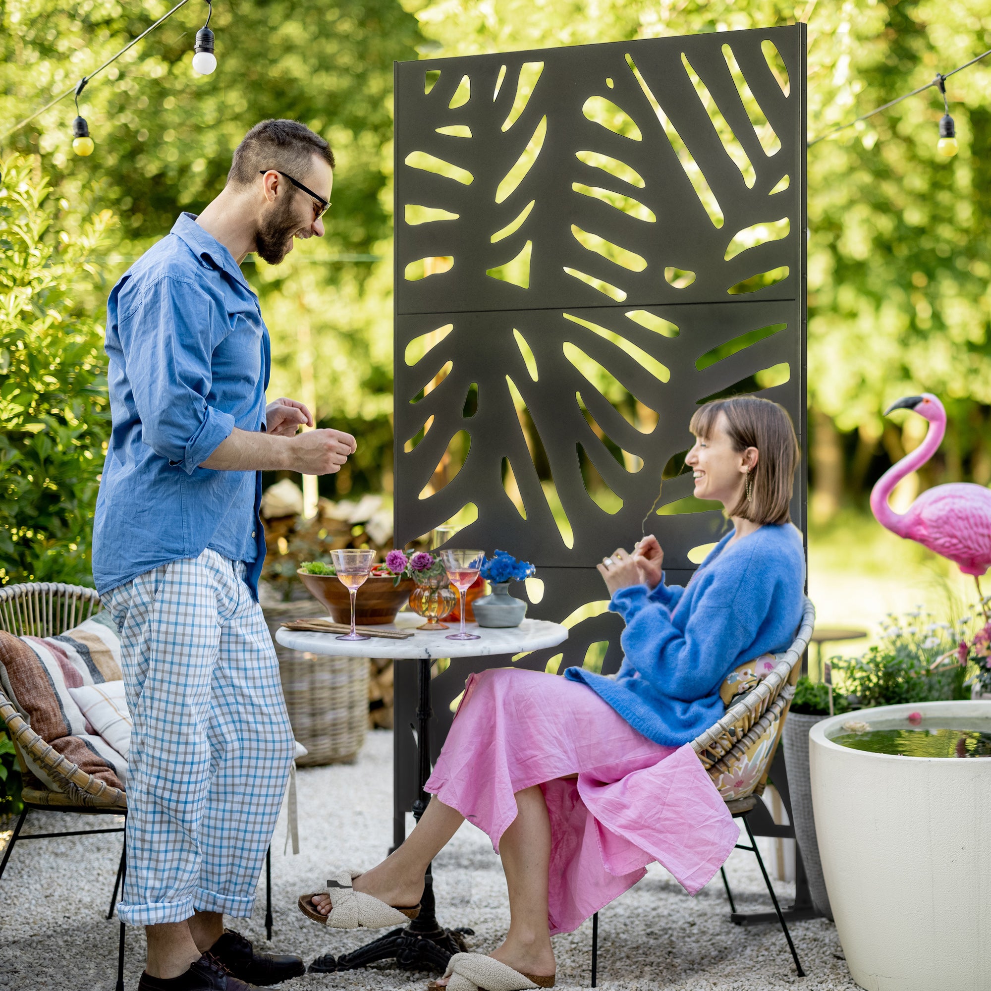 Garden Privacy Screen 122 x 198 cm Balcony Privacy Screen with Stand, Partition, Room Divider with Leaf Pattern for Terrace, Garden, Steel, Black