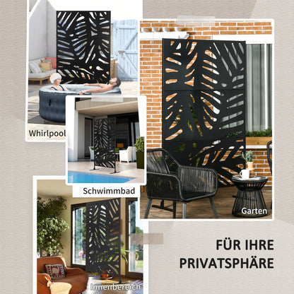 Garden Privacy Screen 122 x 198 cm Balcony Privacy Screen with Stand, Partition, Room Divider with Leaf Pattern for Terrace, Garden, Steel, Black