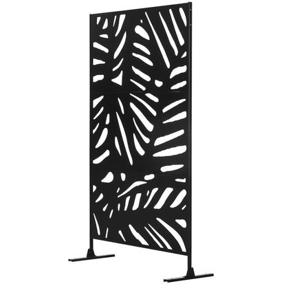 Garden Privacy Screen 122 x 198 cm Balcony Privacy Screen with Stand, Partition, Room Divider with Leaf Pattern for Terrace, Garden, Steel, Black
