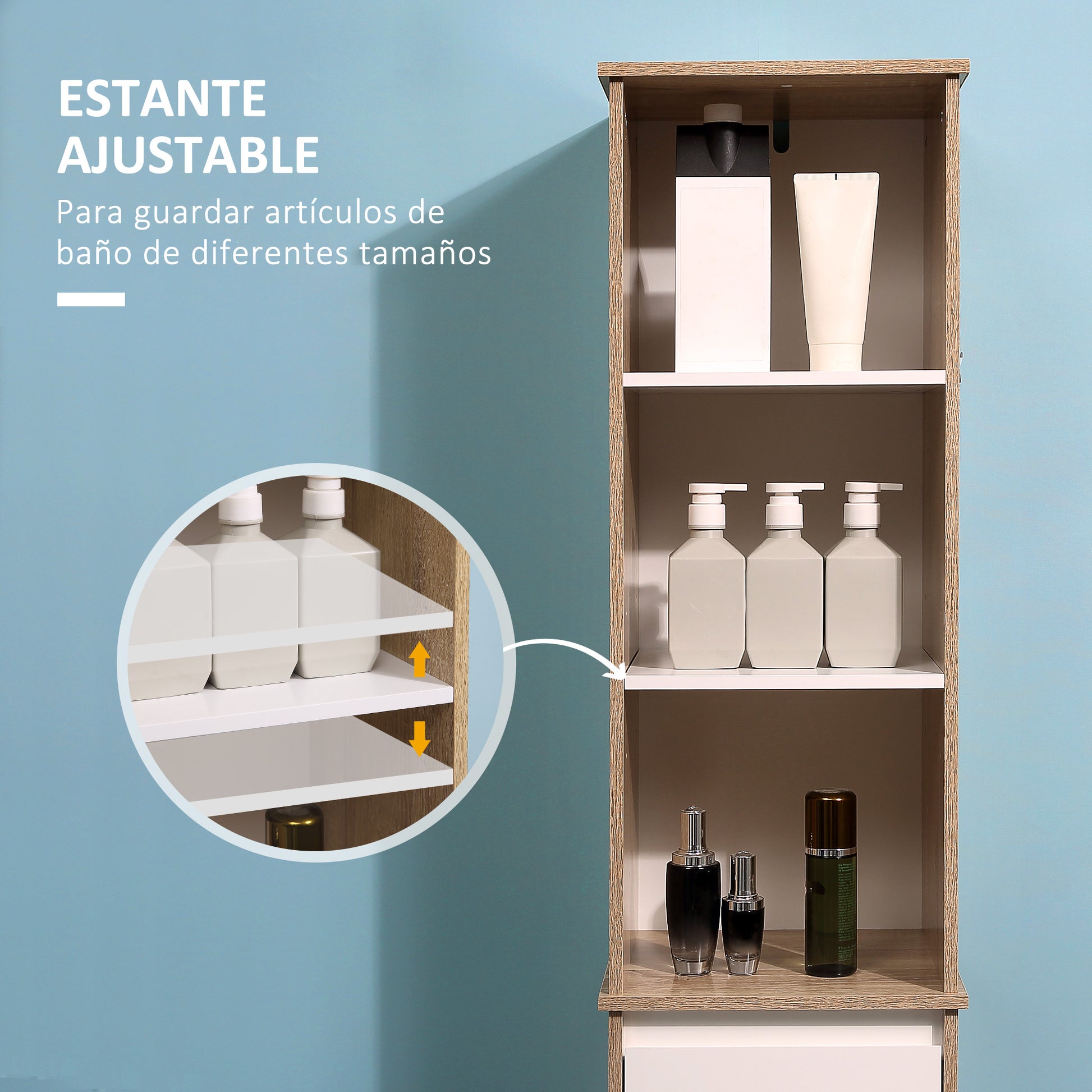 Tall Bathroom Cabinet Column Cabinet with 1 Door Drawer and 3 Shelves Adjustable Shelf for Kitchen Living Room 32.6x30x171.2 cm Natural Wood and White