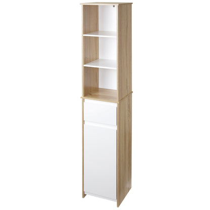 Tall Bathroom Cabinet Column Cabinet with 1 Door Drawer and 3 Shelves Adjustable Shelf for Kitchen Living Room 32.6x30x171.2 cm Natural Wood and White
