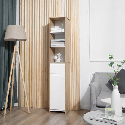Tall Bathroom Cabinet Column Cabinet with 1 Door Drawer and 3 Shelves Adjustable Shelf for Kitchen Living Room 32.6x30x171.2 cm Natural Wood and White
