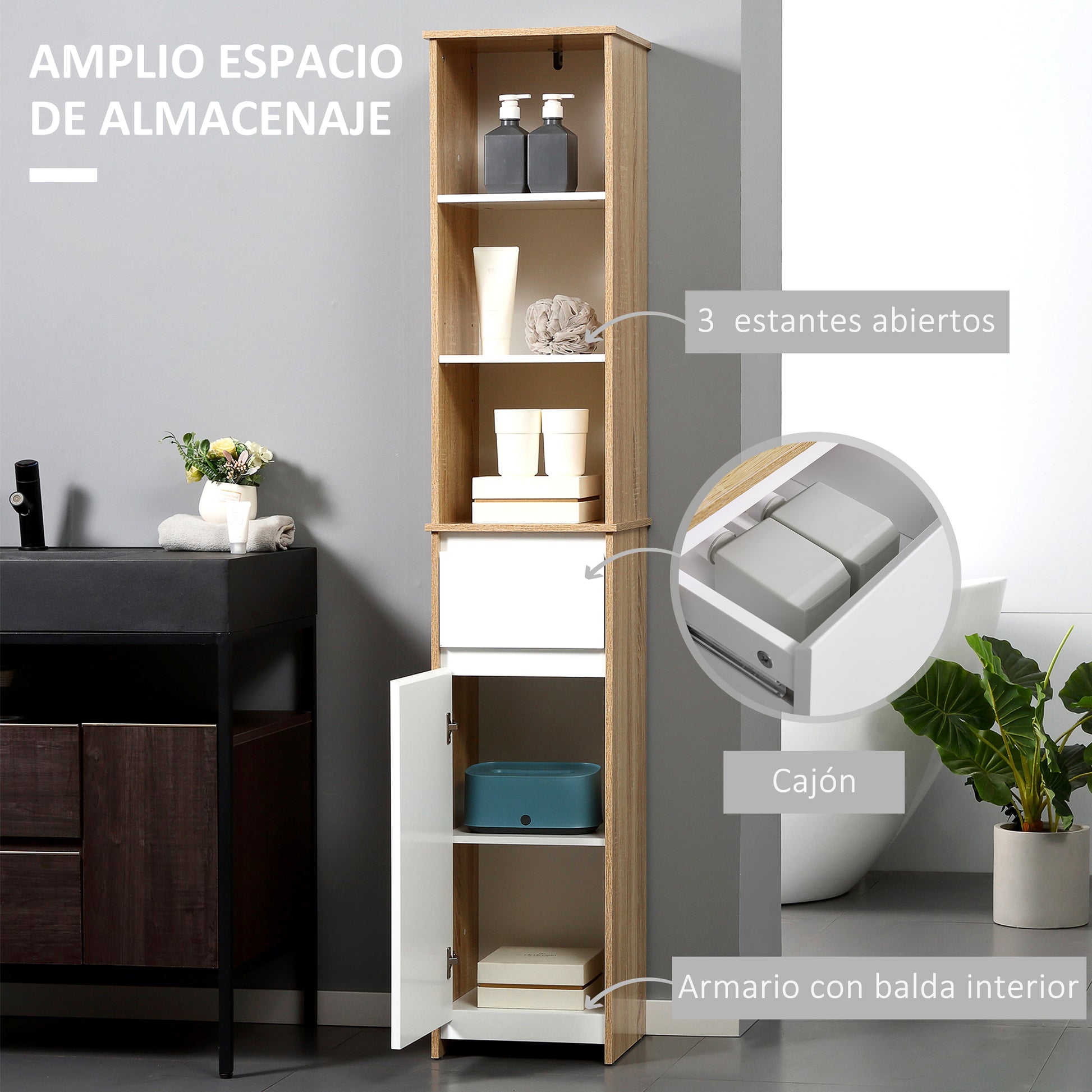 Tall Bathroom Cabinet Column Cabinet with 1 Door Drawer and 3 Shelves Adjustable Shelf for Kitchen Living Room 32.6x30x171.2 cm Natural Wood and White