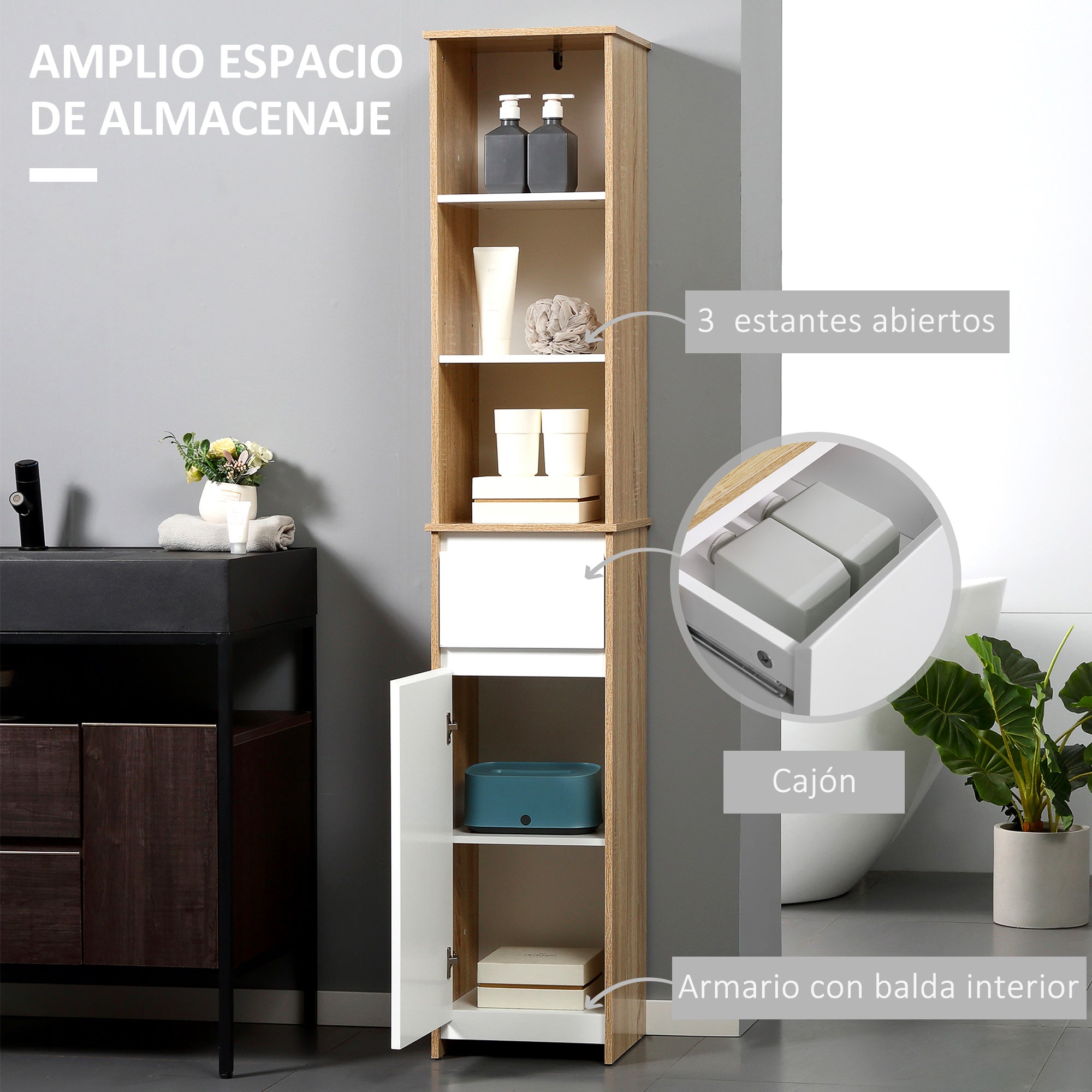Tall Bathroom Cabinet Column Cabinet with 1 Door Drawer and 3 Shelves Adjustable Shelf for Kitchen Living Room 32.6x30x171.2 cm Natural Wood and White