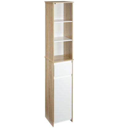 Tall Bathroom Cabinet Column Cabinet with 1 Door Drawer and 3 Shelves Adjustable Shelf for Kitchen Living Room 32.6x30x171.2 cm Natural Wood and White