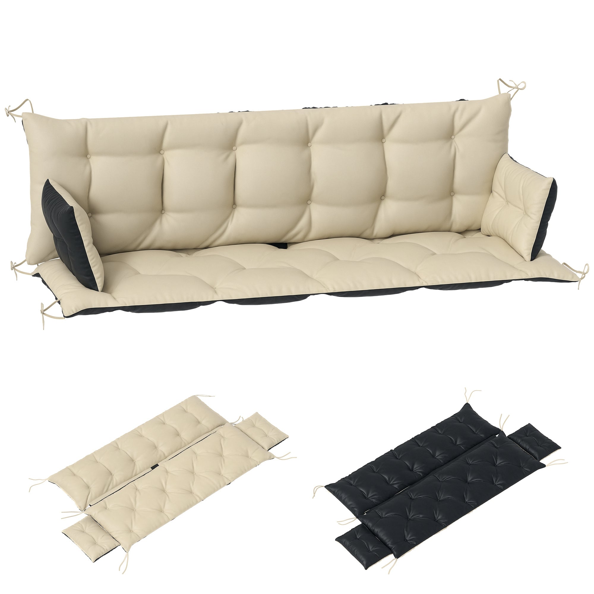 3 Seater Bench Cushion 180x110x8 cm Bench Pad with Straps, Seat Cushion, Outdoor/Indoor Chair Cushion, Seat Cover, Seat Padding, Bench Padding for Garden Furniture, Swing Seat, Beige + Black