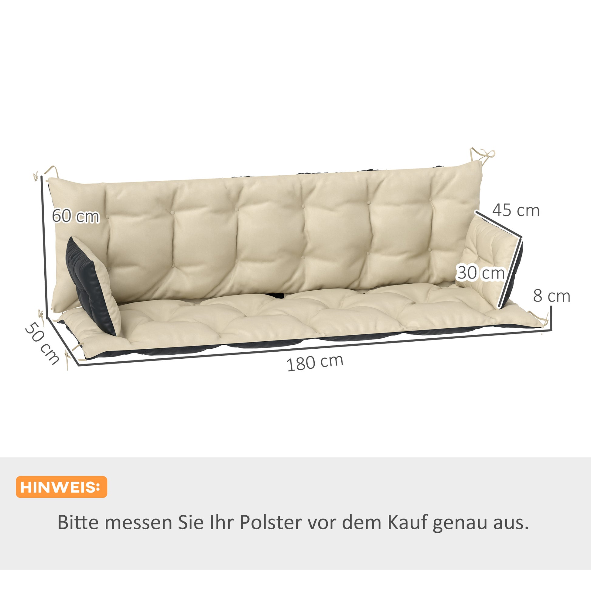 3 Seater Bench Cushion 180x110x8 cm Bench Pad with Straps, Seat Cushion, Outdoor/Indoor Chair Cushion, Seat Cover, Seat Padding, Bench Padding for Garden Furniture, Swing Seat, Beige + Black
