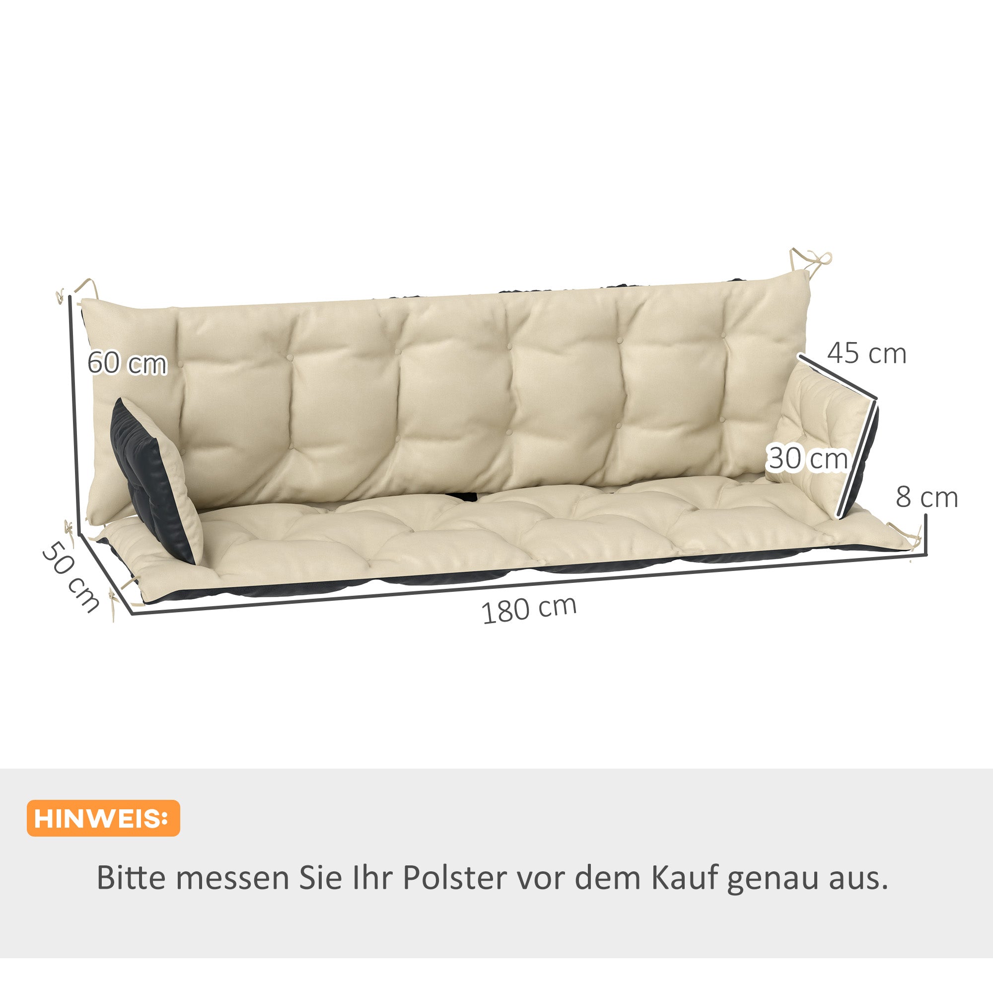 3 Seater Bench Cushion 180x110x8 cm Bench Pad with Straps, Seat Cushion, Outdoor/Indoor Chair Cushion, Seat Cover, Seat Padding, Bench Padding for Garden Furniture, Swing Seat, Beige + Black