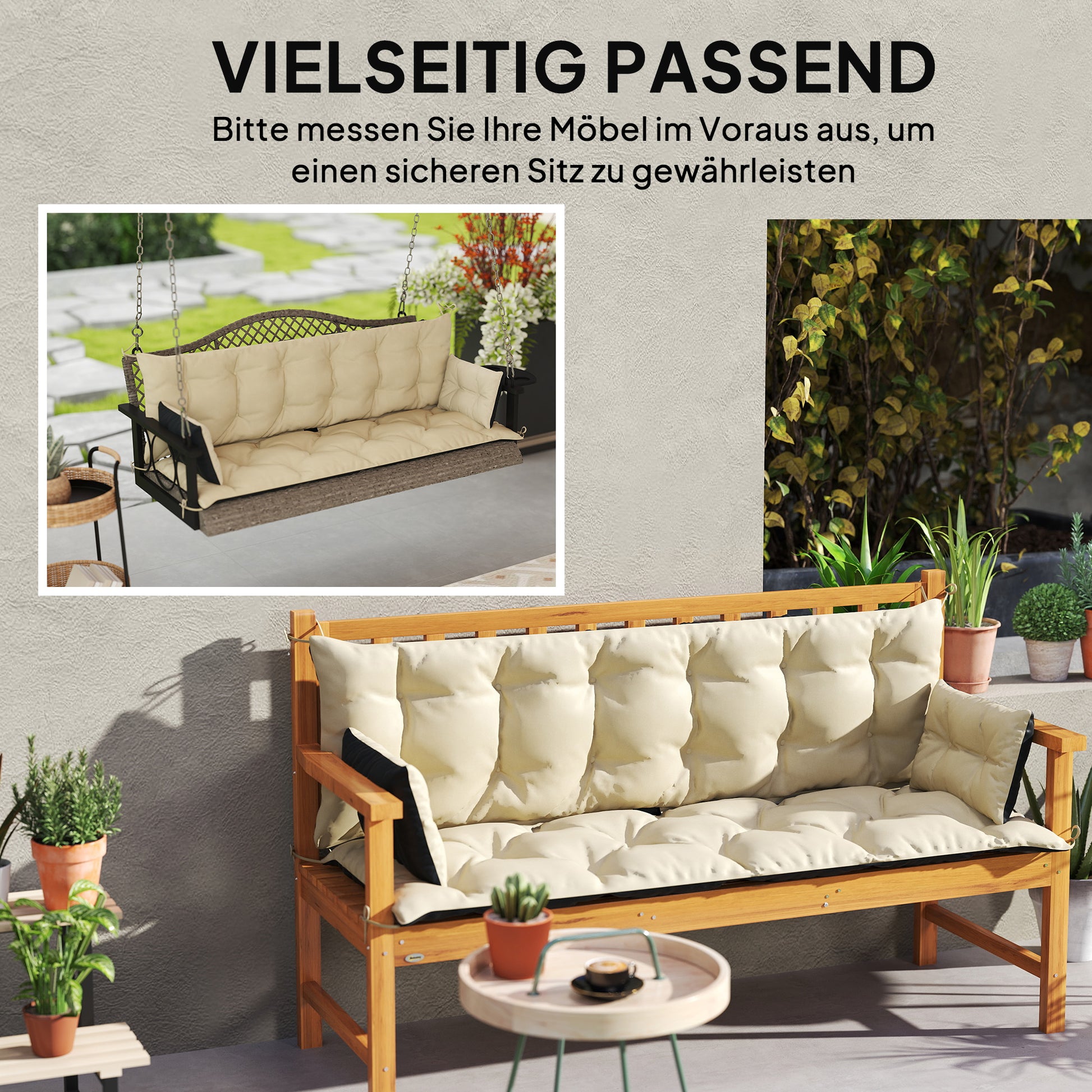 3 Seater Bench Cushion 180x110x8 cm Bench Pad with Straps, Seat Cushion, Outdoor/Indoor Chair Cushion, Seat Cover, Seat Padding, Bench Padding for Garden Furniture, Swing Seat, Beige + Black