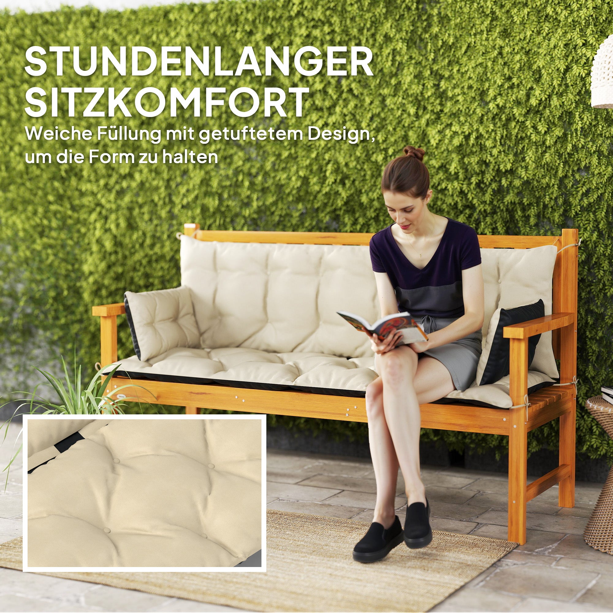 3 Seater Bench Cushion 180x110x8 cm Bench Pad with Straps, Seat Cushion, Outdoor/Indoor Chair Cushion, Seat Cover, Seat Padding, Bench Padding for Garden Furniture, Swing Seat, Beige + Black