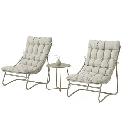 3-Piece Outdoor Bistro Set with Cushions — 2 Breathable Lounge Chairs & Round Coffee Table, Powder-Coated Galvanized Steel Frame, Light Gray