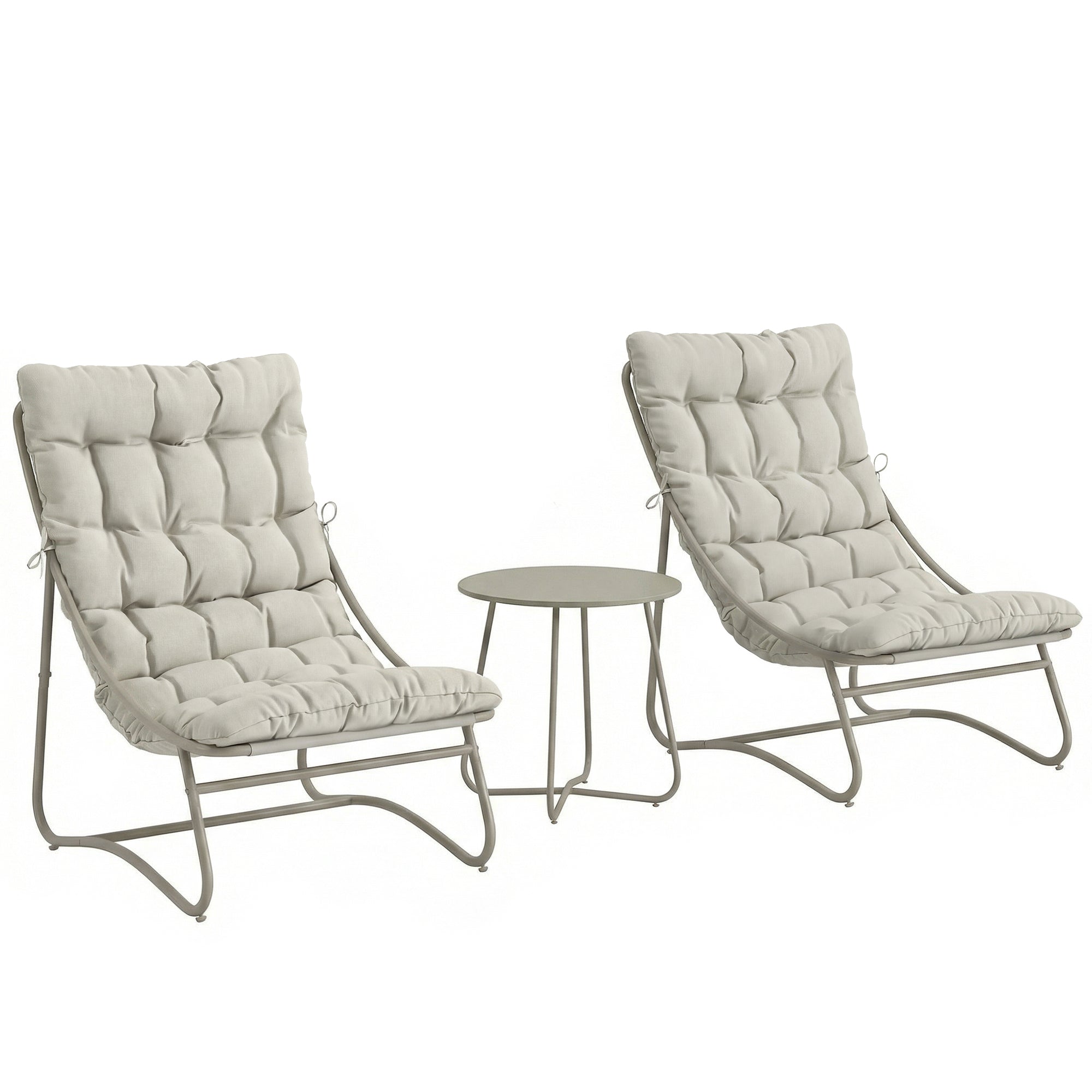 3-Piece Outdoor Bistro Set with Cushions — 2 Breathable Lounge Chairs & Round Coffee Table, Powder-Coated Galvanized Steel Frame, Light Gray