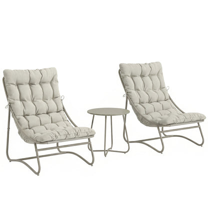 3-Piece Outdoor Bistro Set with Cushions — 2 Breathable Lounge Chairs & Round Coffee Table, Powder-Coated Galvanized Steel Frame, Light Gray