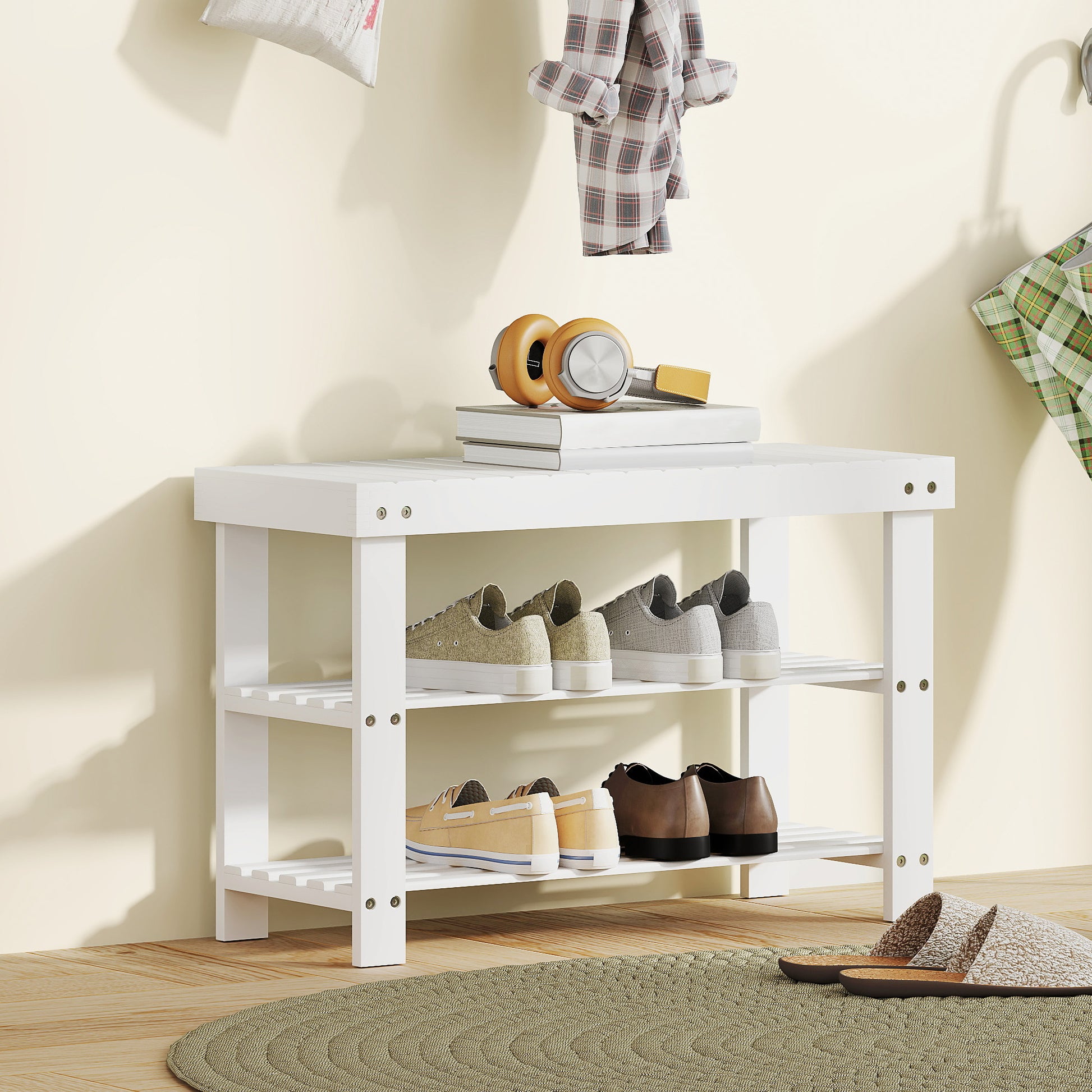 Bamboo Shoe Bench Shoe Rack with Seat Shoe Organizer 3-Tier Shoe Storage for 6 Pairs Shoes for Entryway Living Room Bedroom 70x28x45 cm White