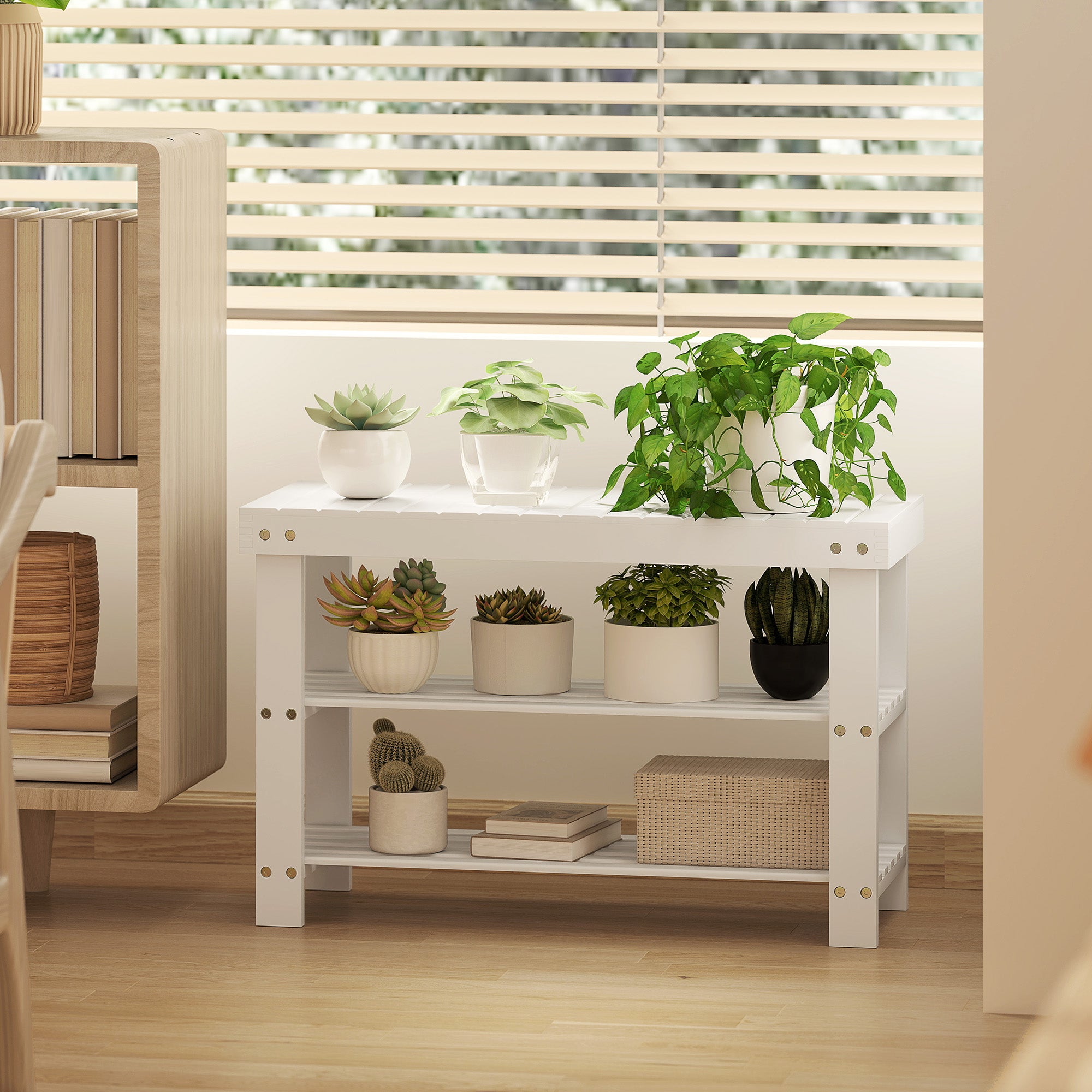 Bamboo Shoe Bench Shoe Rack with Seat Shoe Organizer 3-Tier Shoe Storage for 6 Pairs Shoes for Entryway Living Room Bedroom 70x28x45 cm White