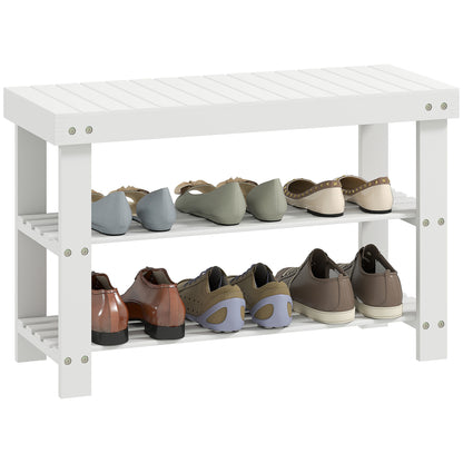 Bamboo Shoe Bench Shoe Rack with Seat Shoe Organizer 3-Tier Shoe Storage for 6 Pairs Shoes for Entryway Living Room Bedroom 70x28x45 cm White