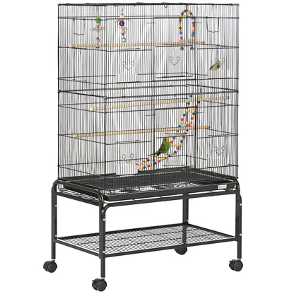 Bird Cage with Wheels Large Bird Cage with Stand Birdcage with Removable Tray Doors Feeders Perches Toys and Bottom Shelf for Canaries Parakeets 31.1x19.3x52.4 inches Black