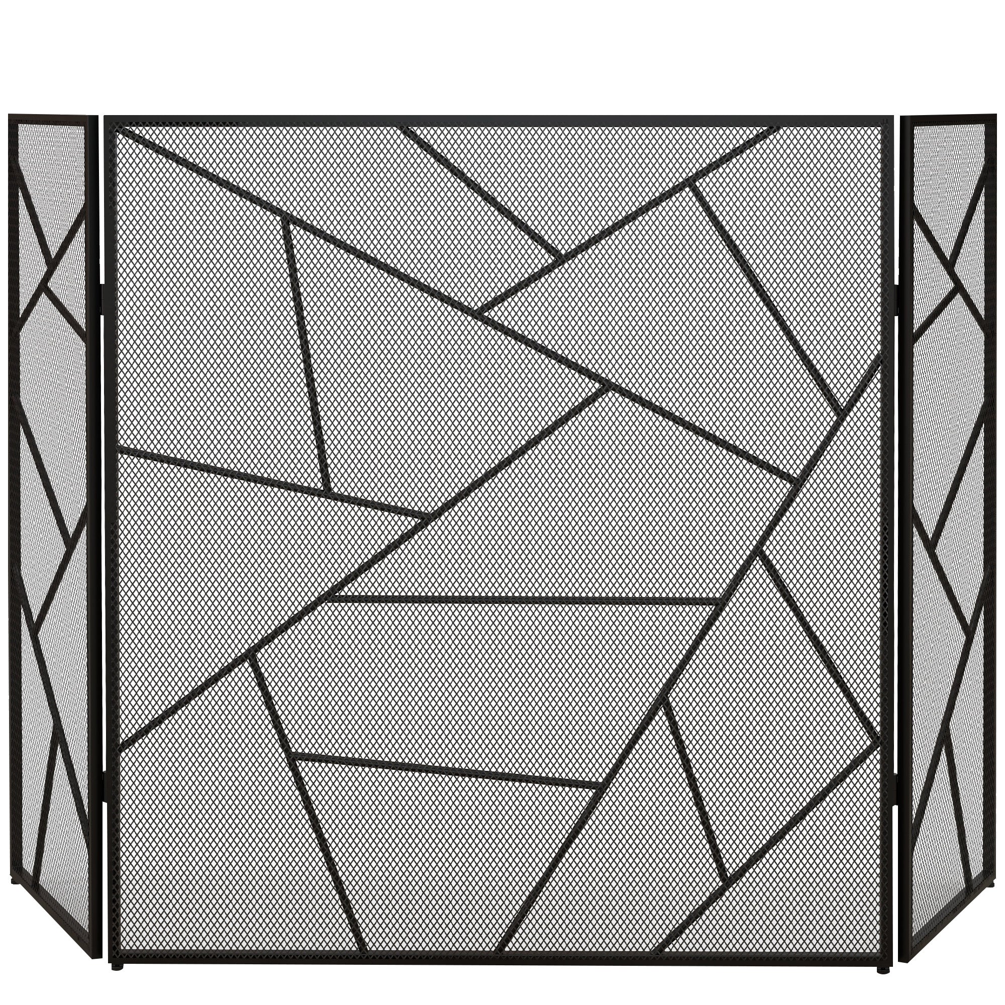 Folding Fireplace Screen 3 Panels, Fireplace Spark Guard, Fireplace Guard Mesh Steel with Geometric Design and Non-Slip Feet, 135L x 1.2W x 85H cm, black