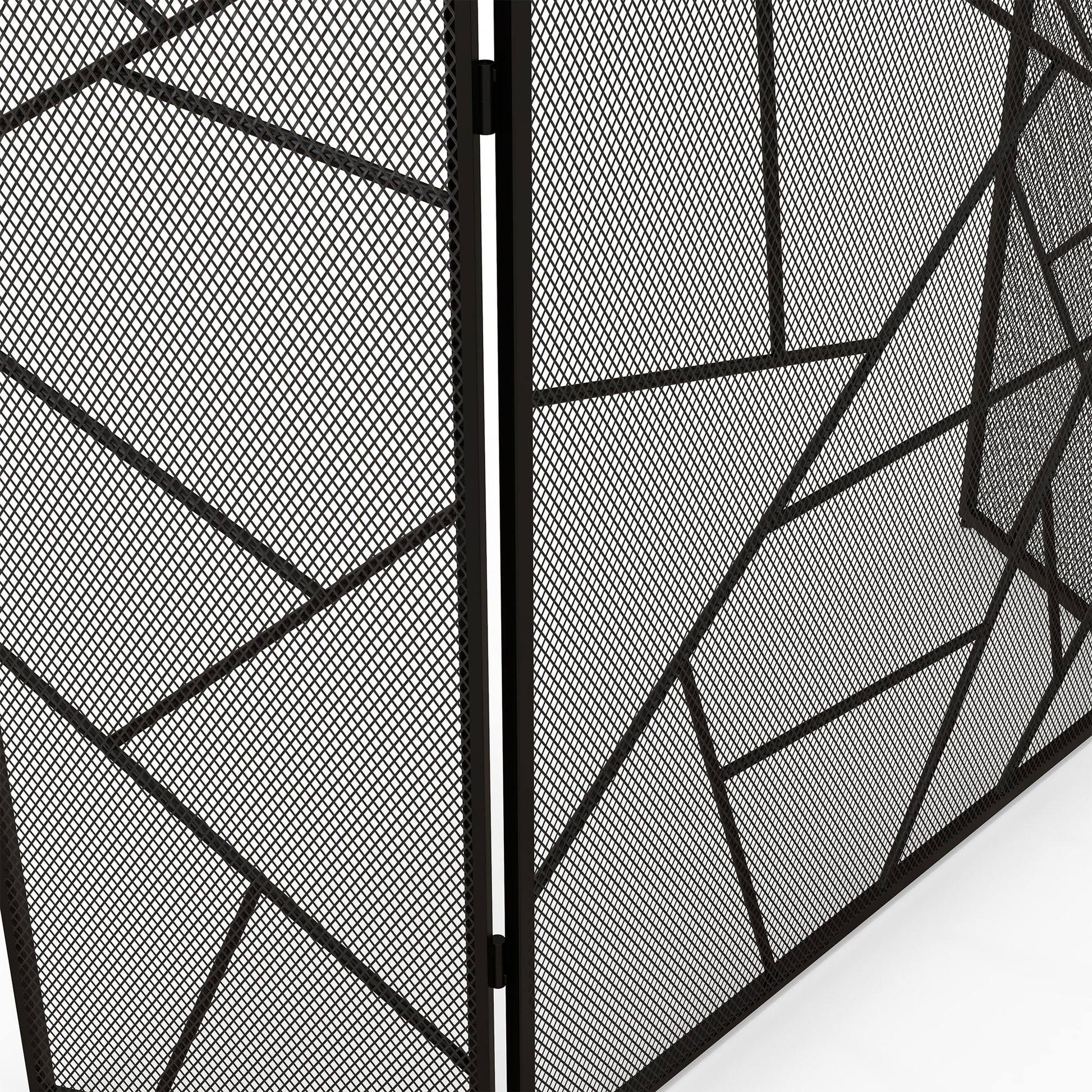 Folding Fireplace Screen 3 Panels, Fireplace Spark Guard, Fireplace Guard Mesh Steel with Geometric Design and Non-Slip Feet, 135L x 1.2W x 85H cm, black