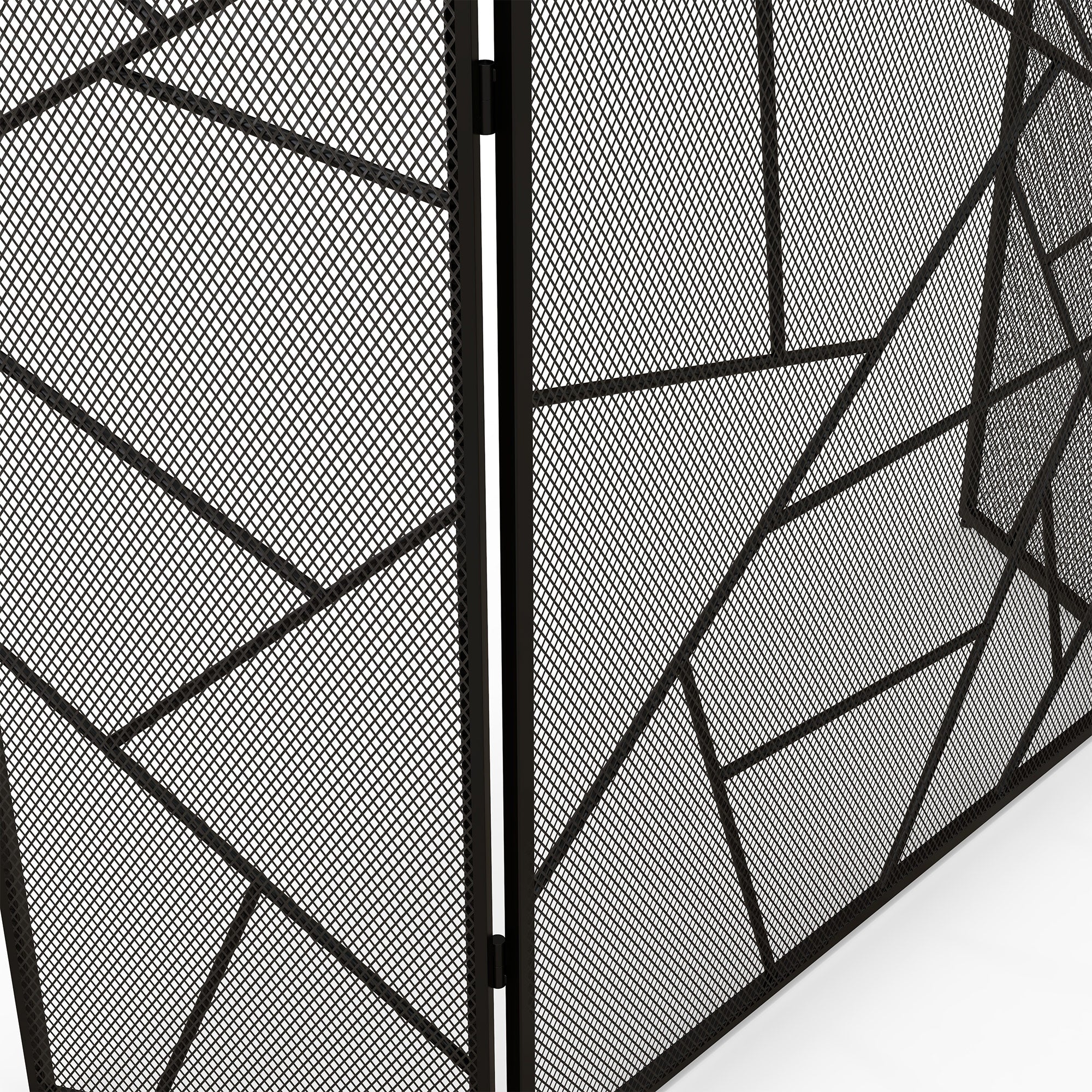 Folding Fireplace Screen 3 Panels, Fireplace Spark Guard, Fireplace Guard Mesh Steel with Geometric Design and Non-Slip Feet, 135L x 1.2W x 85H cm, black