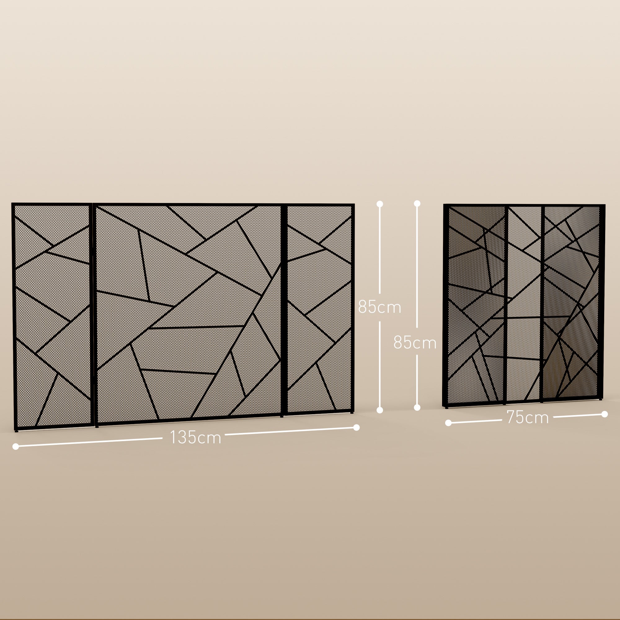Folding Fireplace Screen 3 Panels, Fireplace Spark Guard, Fireplace Guard Mesh Steel with Geometric Design and Non-Slip Feet, 135L x 1.2W x 85H cm, black