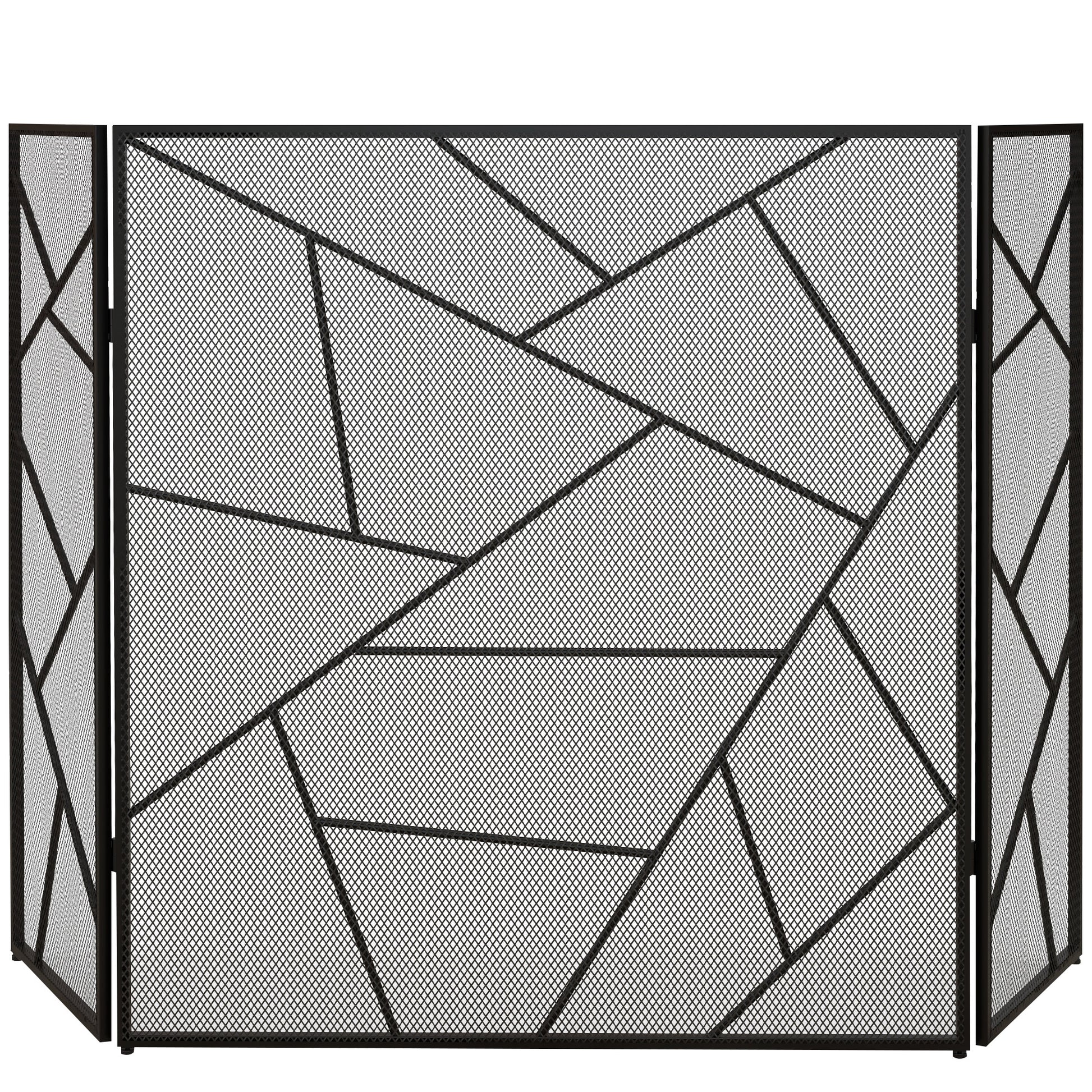 Folding Fireplace Screen 3 Panels, Fireplace Spark Guard, Fireplace Guard Mesh Steel with Geometric Design and Non-Slip Feet, 135L x 1.2W x 85H cm, black