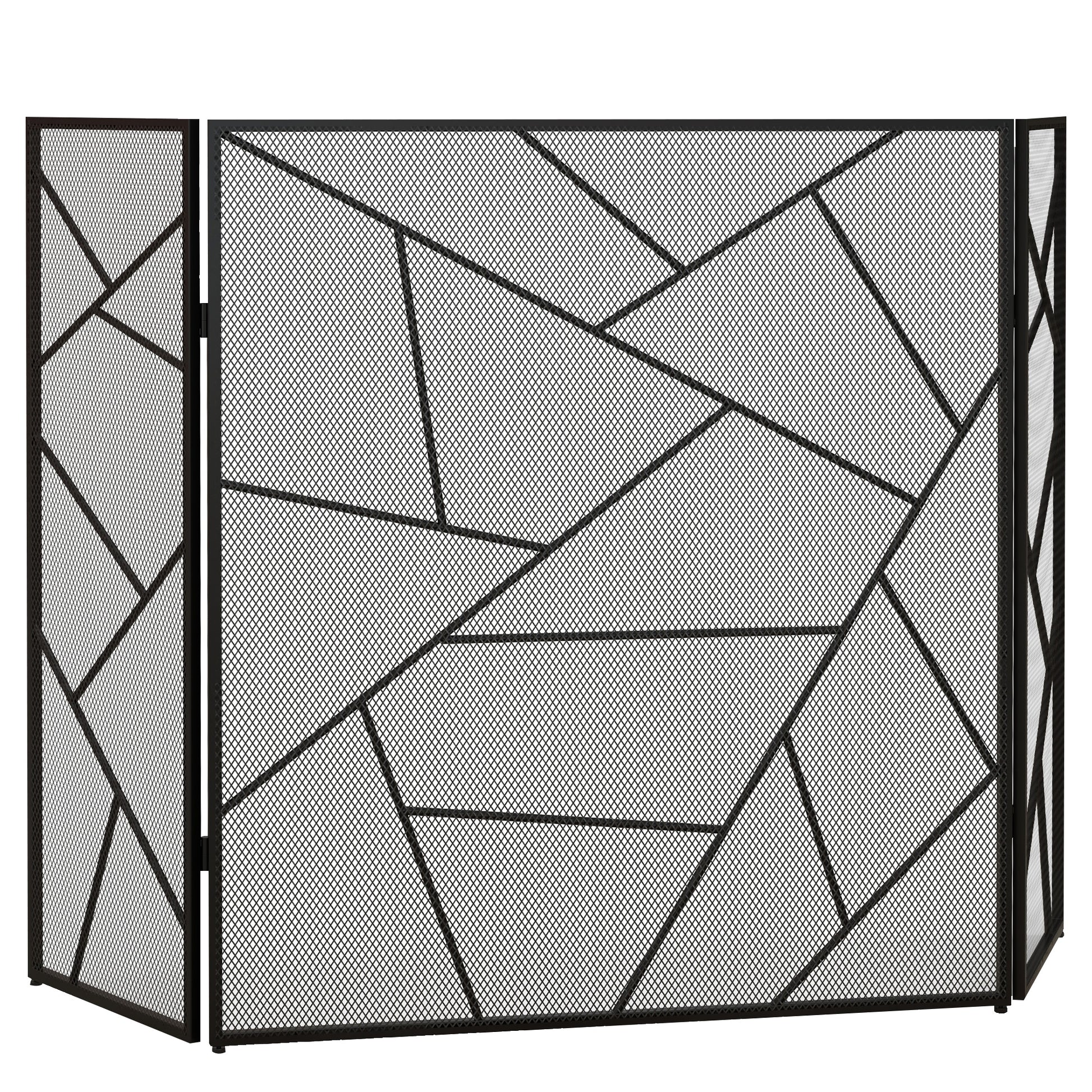 Folding Fireplace Screen 3 Panels, Fireplace Spark Guard, Fireplace Guard Mesh Steel with Geometric Design and Non-Slip Feet, 135L x 1.2W x 85H cm, black
